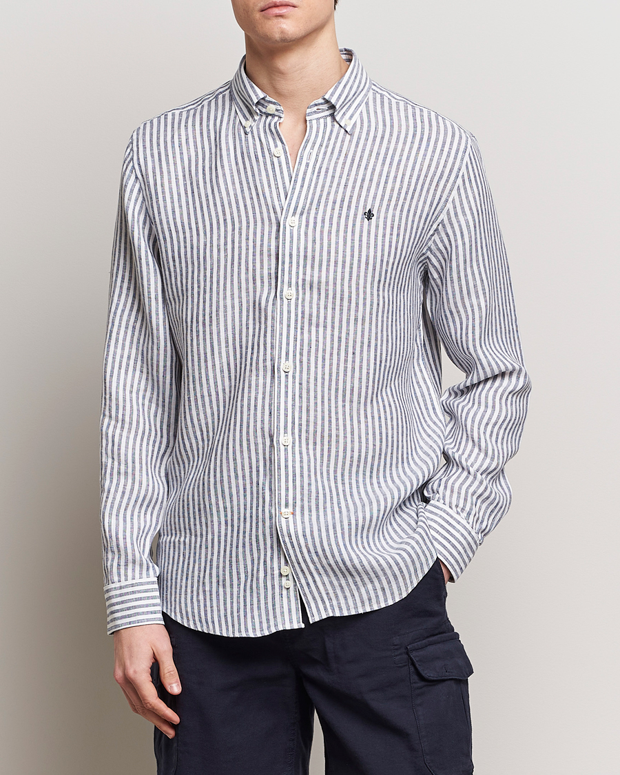 Heren | Linnen overhemden | Morris | Douglas Linen Stripe Shirt Navy
