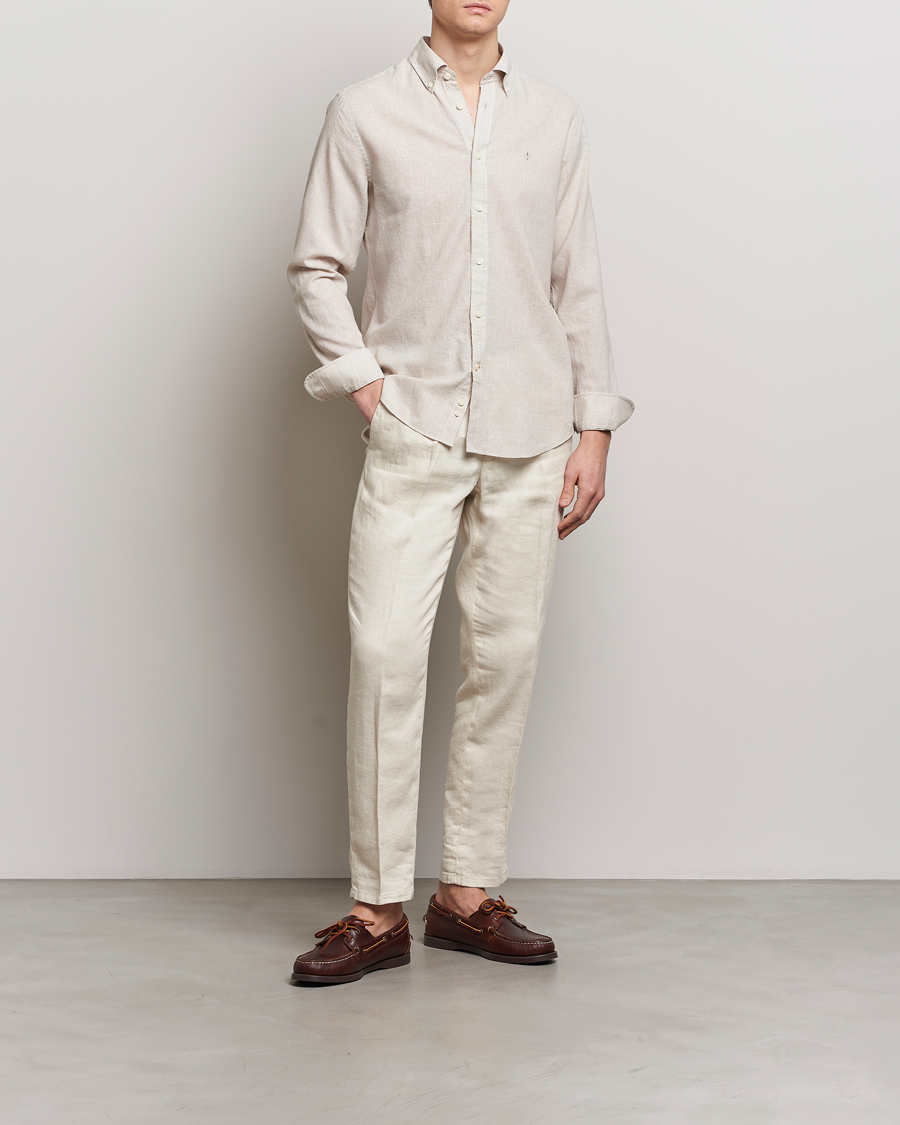 Heren | Overhemden | Morris | Slim Fit Linen Check Shirt Khaki