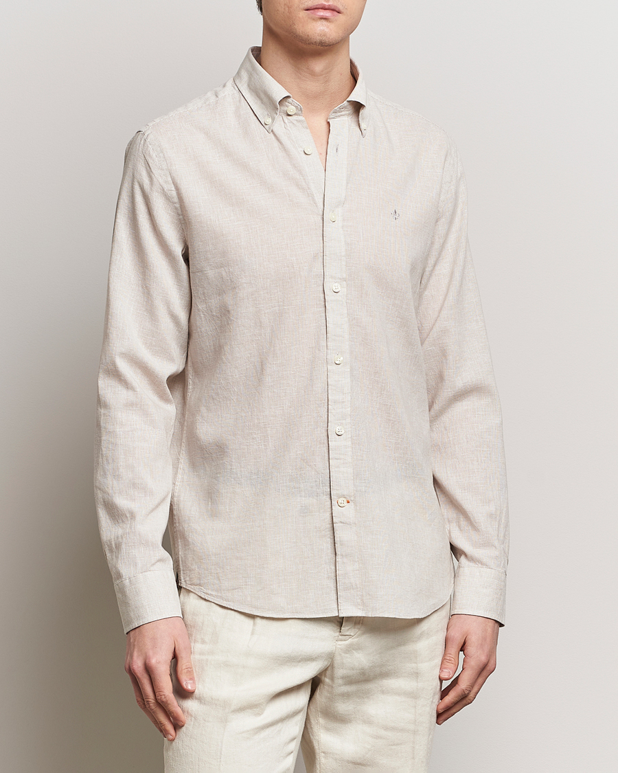 Heren | Overhemden | Morris | Slim Fit Linen Check Shirt Khaki