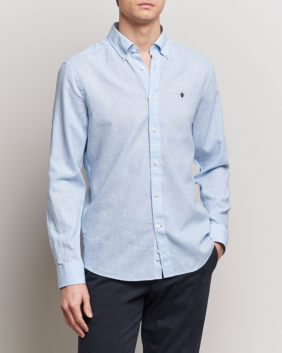Heren | Nieuws | Morris | Slim Fit Linen Check Shirt Light Blue