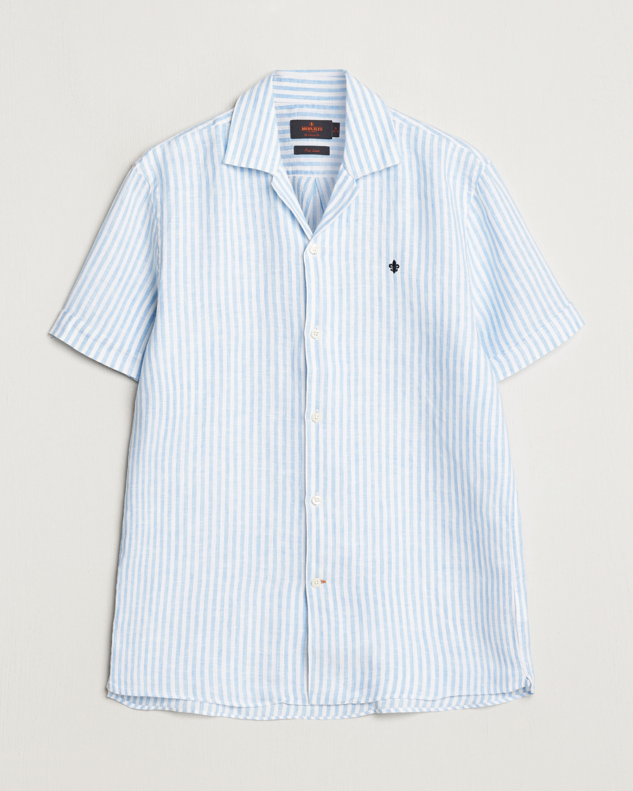 Heren | Overhemden | Morris | Striped Resort Linen Short Sleeve Shirt Light Blue