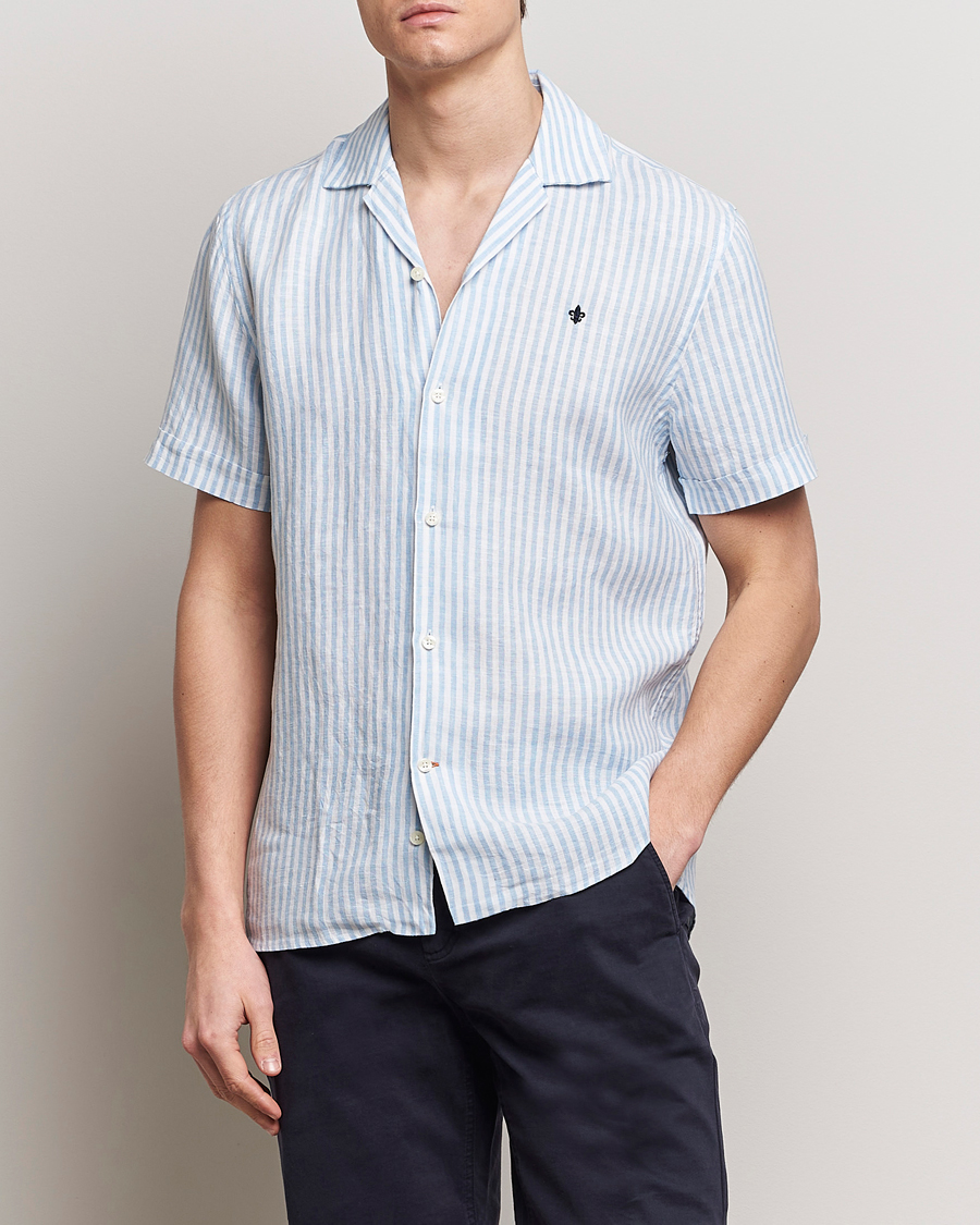Heren | Overhemden | Morris | Striped Resort Linen Short Sleeve Shirt Light Blue