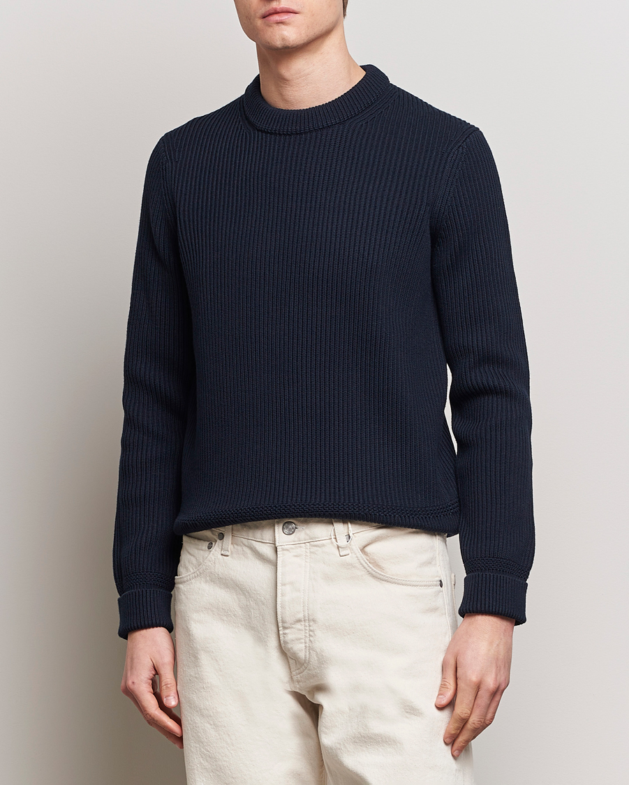 Heren | Preppy Authentic | Morris | Arthur Navy Cotton/Merino Knitted Sweater Navy