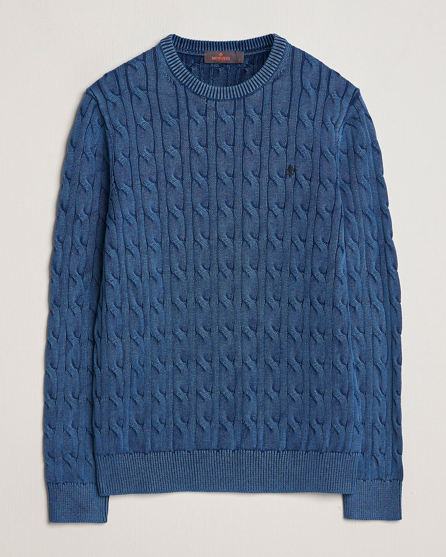 Heren | Truien | Morris | Ethan Cotton Cable Crew Neck Blue