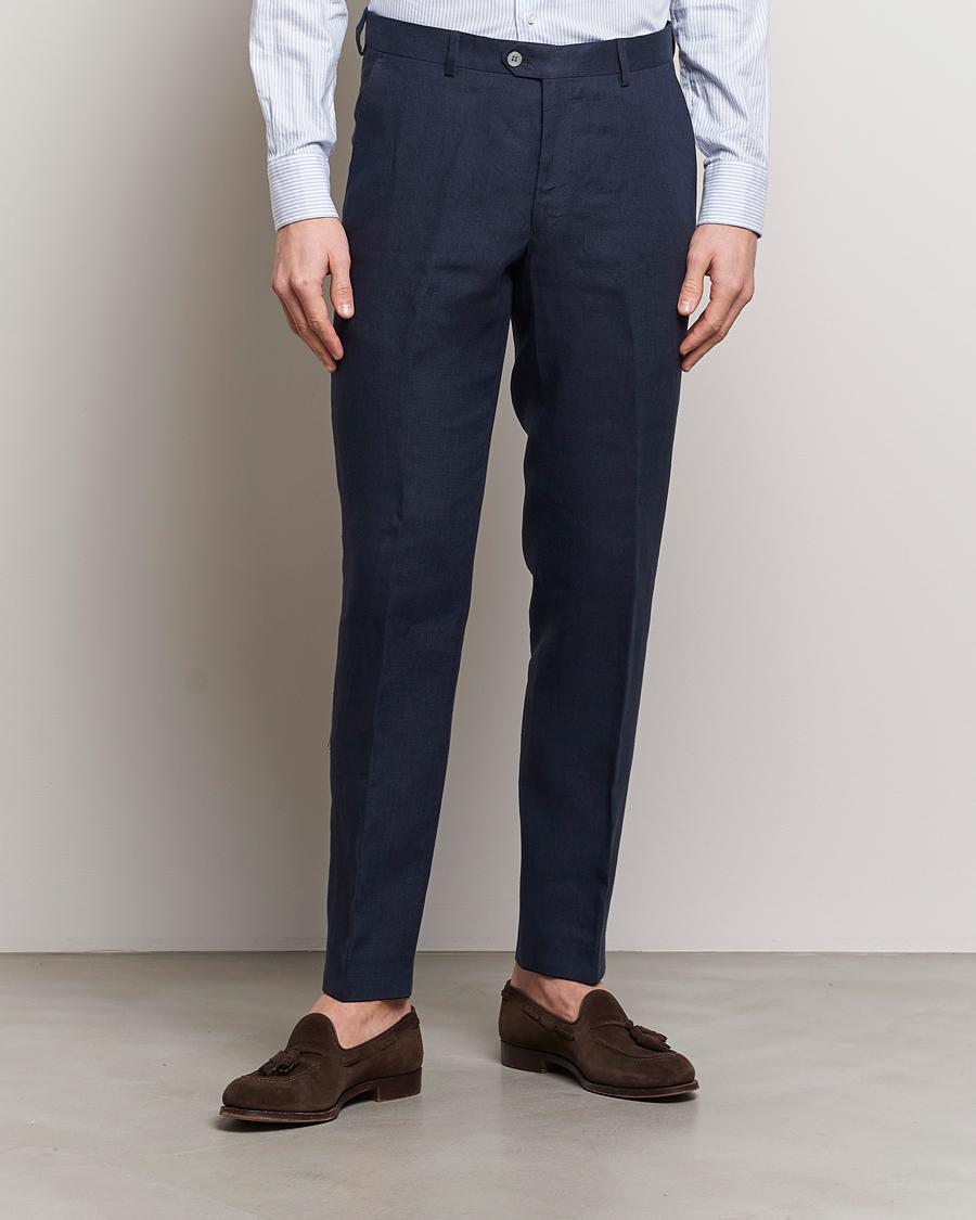 Heren | Linnen broeken | Oscar Jacobson | Denz Linen Trousers Navy