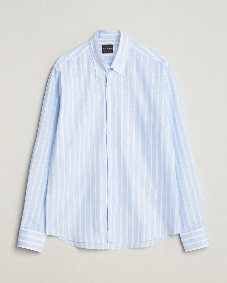 Heren | Overhemden | Oscar Jacobson | Regular Fit Striped Linen Shirt Light Blue