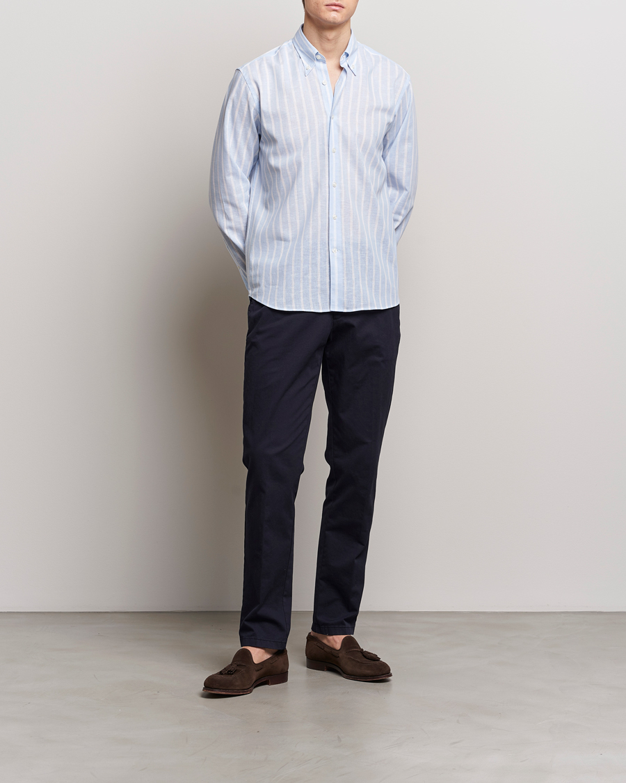 Heren | Overhemden | Oscar Jacobson | Regular Fit Striped Linen Shirt Light Blue