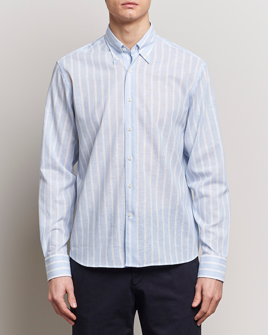 Heren |  | Oscar Jacobson | Regular Fit Striped Linen Shirt Light Blue