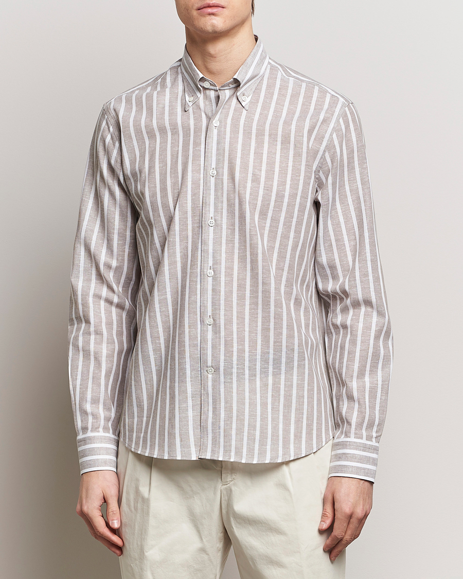 Heren | Linnen overhemden | Oscar Jacobson | Regular Fit Striped Linen Shirt Brown