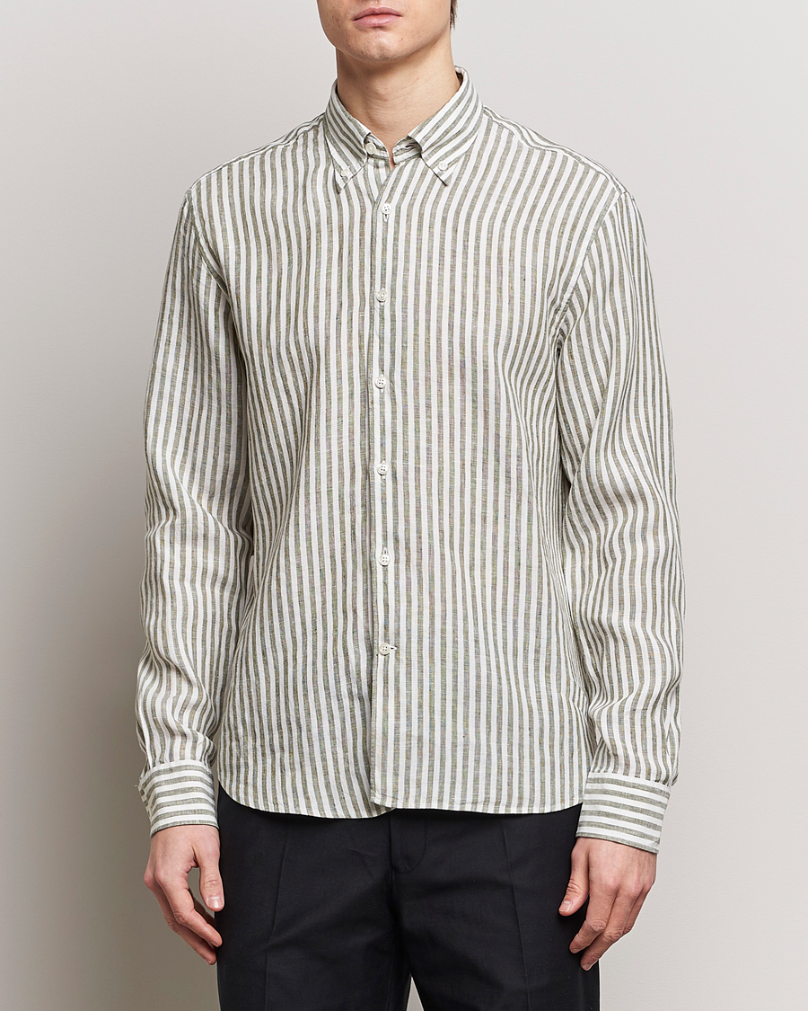 Heren | Linnen overhemden | Oscar Jacobson | Regular Fit Dress Stripe Linen Shirt Green