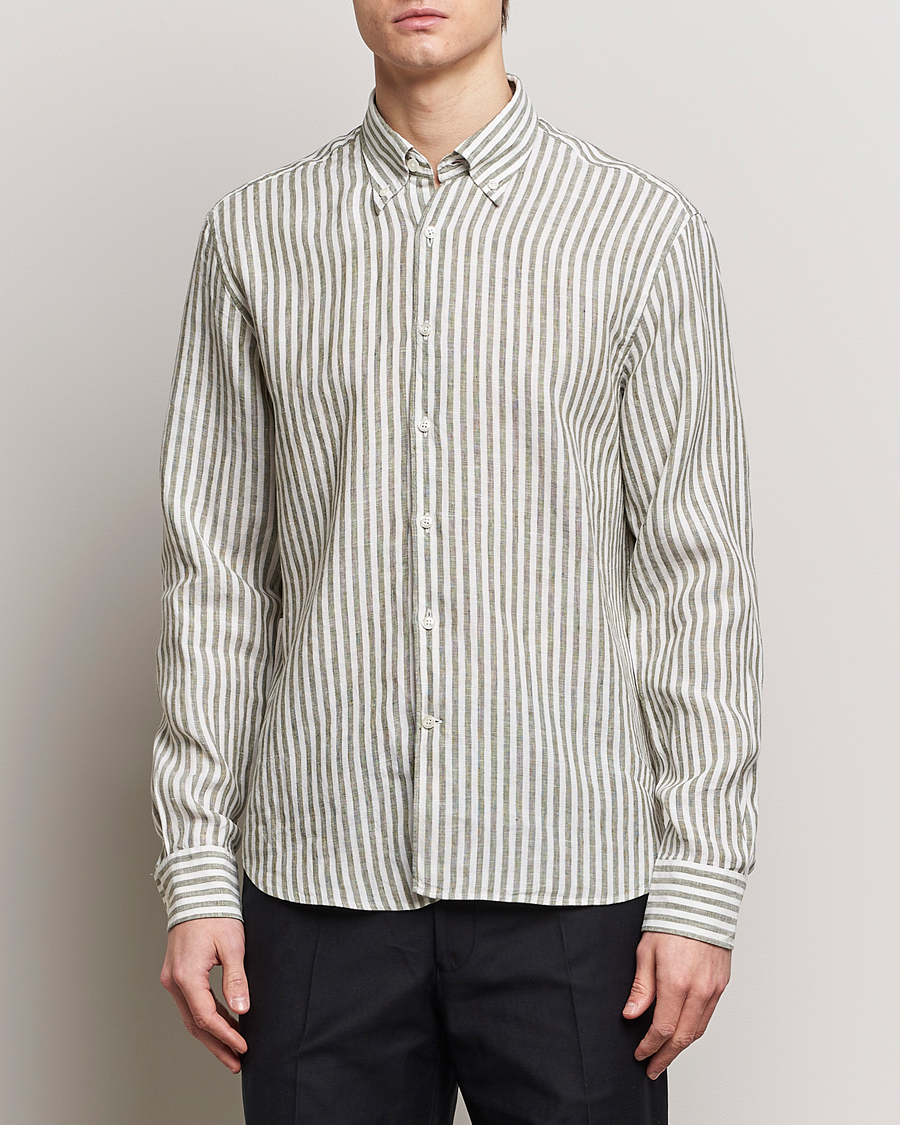 Heren | Casual | Oscar Jacobson | Regular Fit Dress Stripe Linen Shirt Green