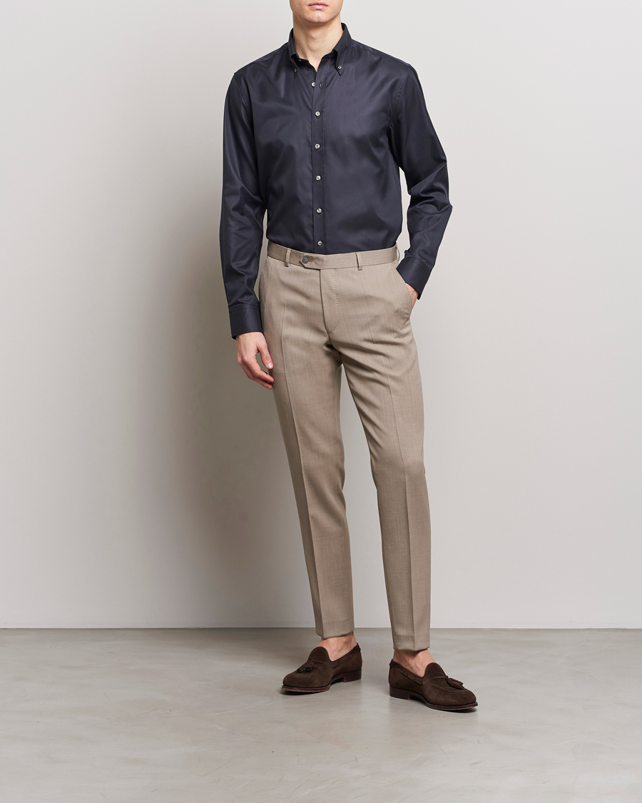 Heren | Overhemden | Oscar Jacobson | Regular Fit Button Down Cotton Twill Shirt Black
