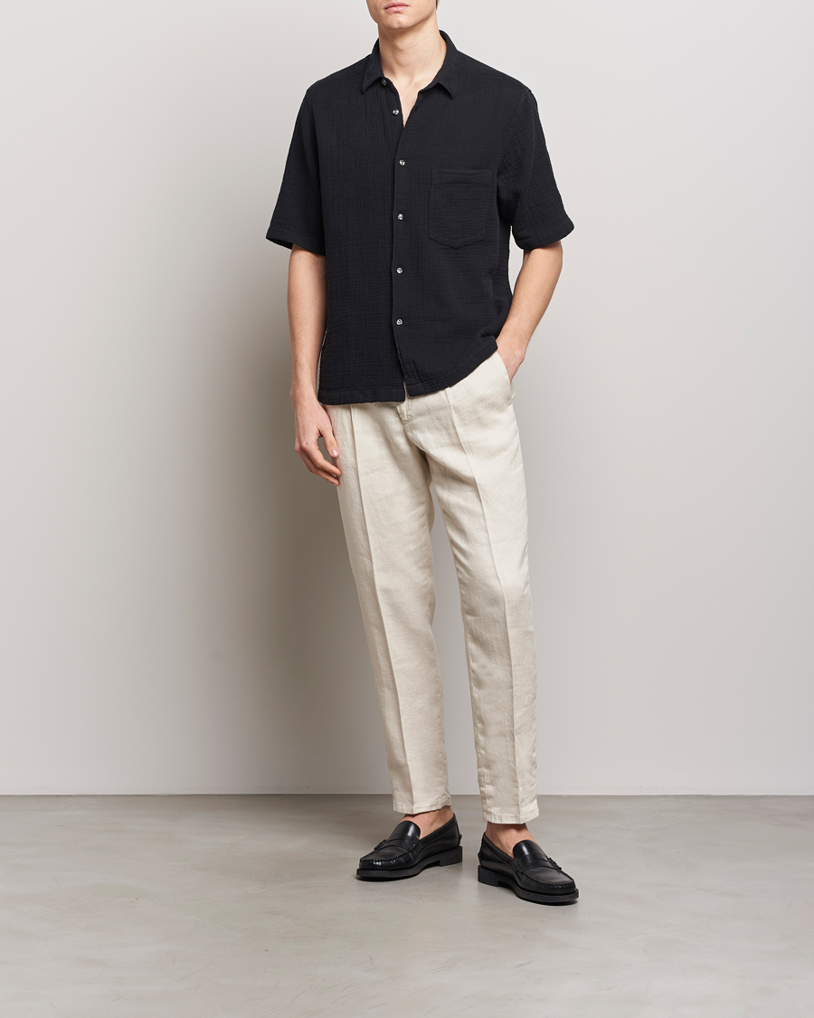 Heren | Overhemden | Oscar Jacobson | Short Sleeve City Crepe Cotton Shirt Black