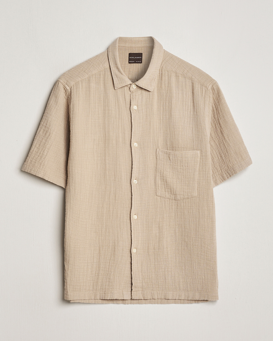 Heren | Overhemden | Oscar Jacobson | Short Sleeve City Crepe Cotton Shirt Beige