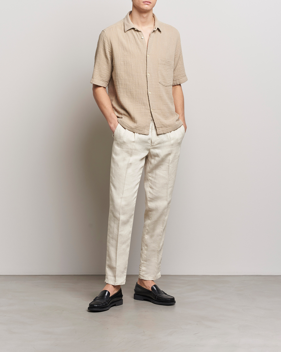 Heren | Overhemden | Oscar Jacobson | Short Sleeve City Crepe Cotton Shirt Beige