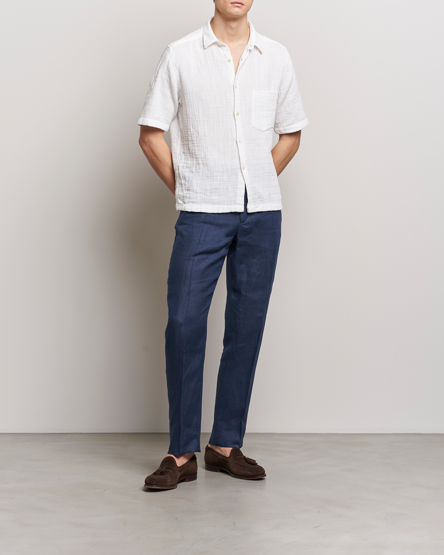 Heren | Overhemden | Oscar Jacobson | Short Sleeve City Crepe Cotton Shirt White