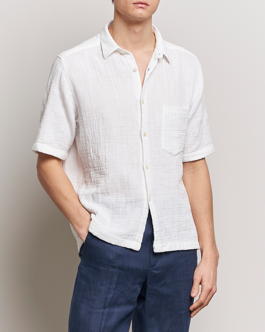 Heren | Overhemden | Oscar Jacobson | Short Sleeve City Crepe Cotton Shirt White