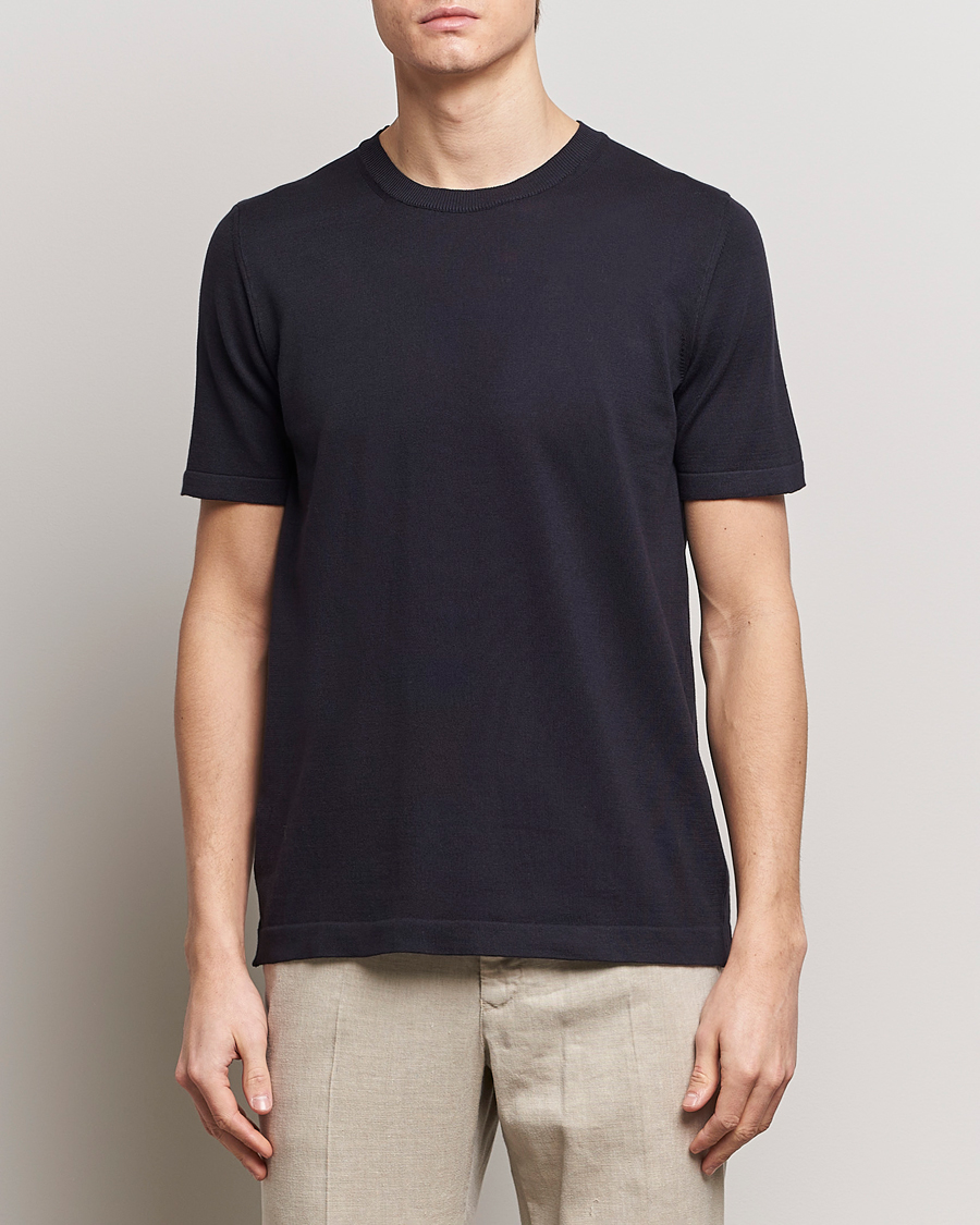 Heren | T-shirts | Oscar Jacobson | Brian Knitted Cotton T-Shirt Navy