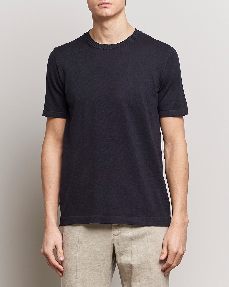 Heren | Business & Beyond | Oscar Jacobson | Brian Knitted Cotton T-Shirt Navy