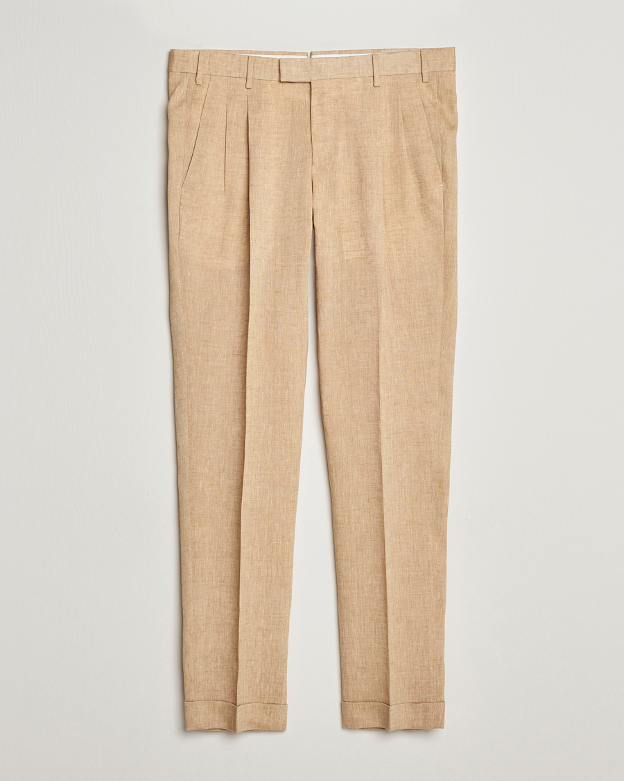Heren | Broeken | PT01 | Slim Fit Pleated Linen Trousers Light Beige