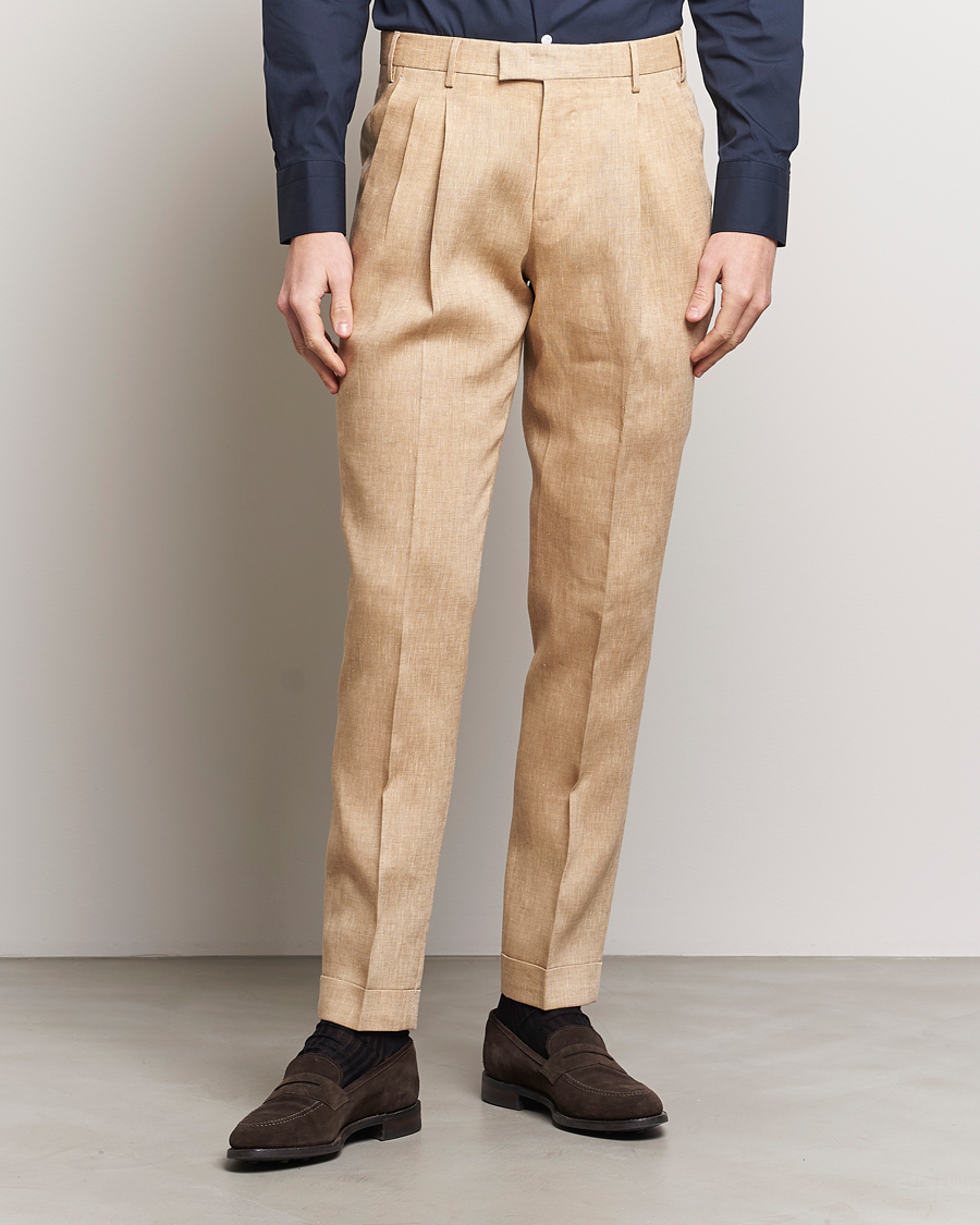 Heren | Afdelingen | PT01 | Slim Fit Pleated Linen Trousers Light Beige