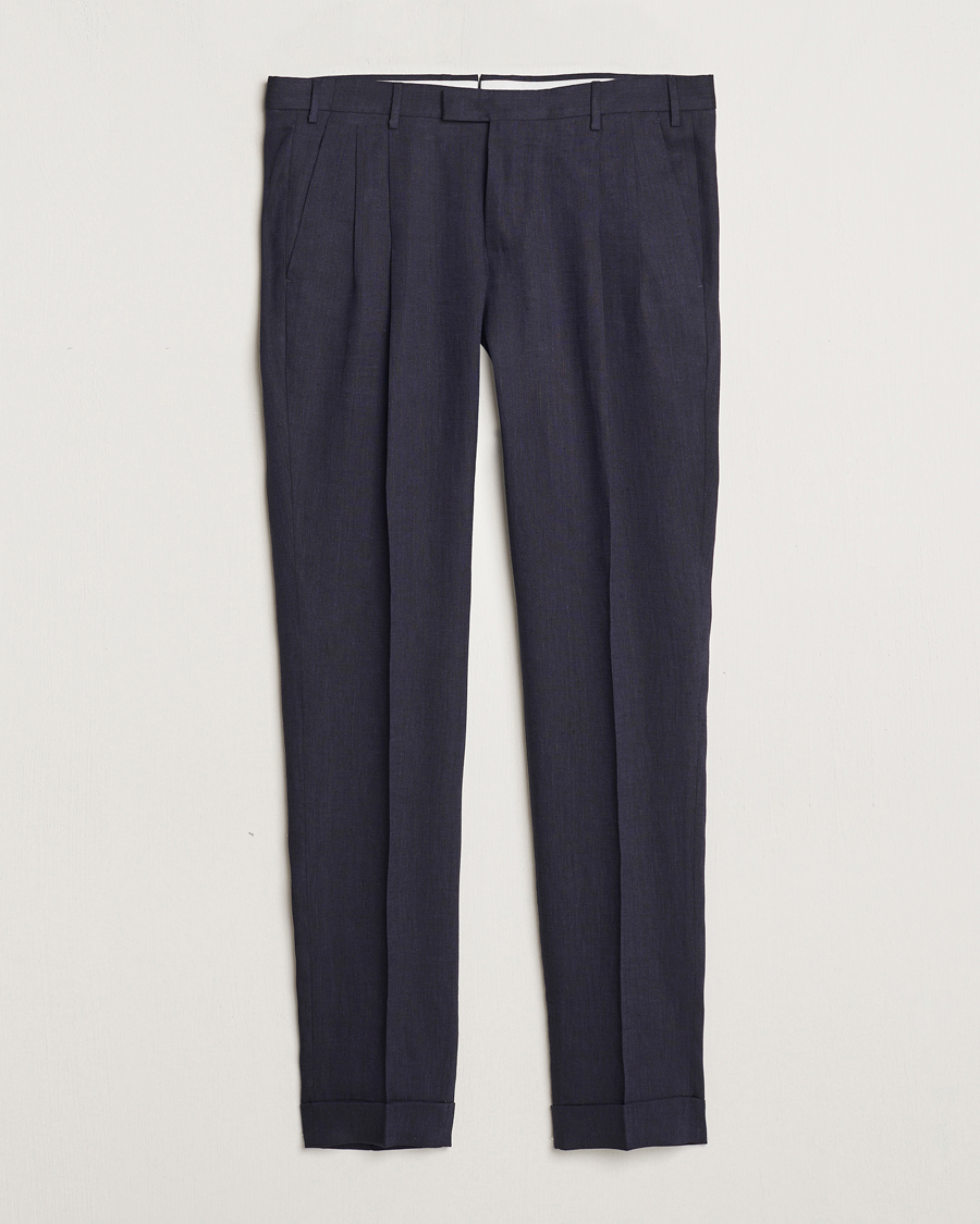 Heren | Broeken | PT01 | Slim Fit Pleated Linen Trousers Navy