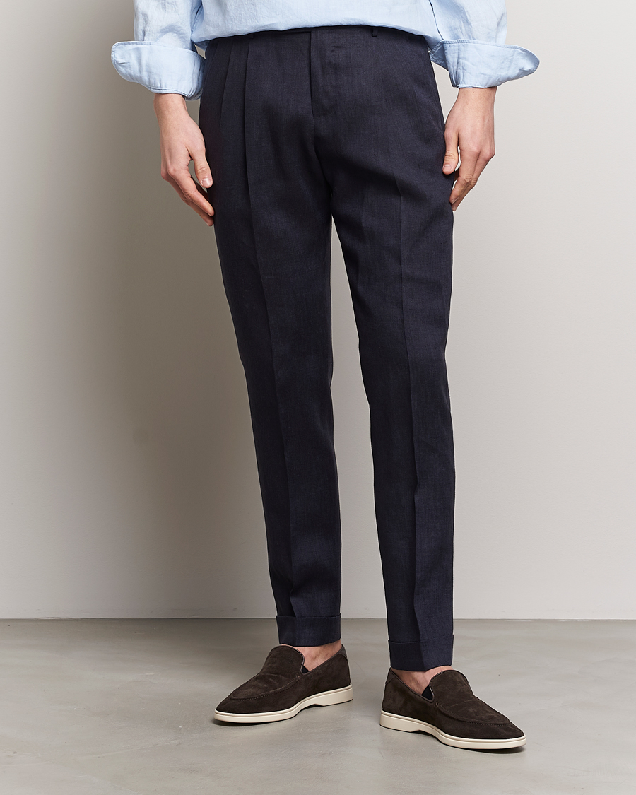 Heren |  | PT01 | Slim Fit Pleated Linen Trousers Navy