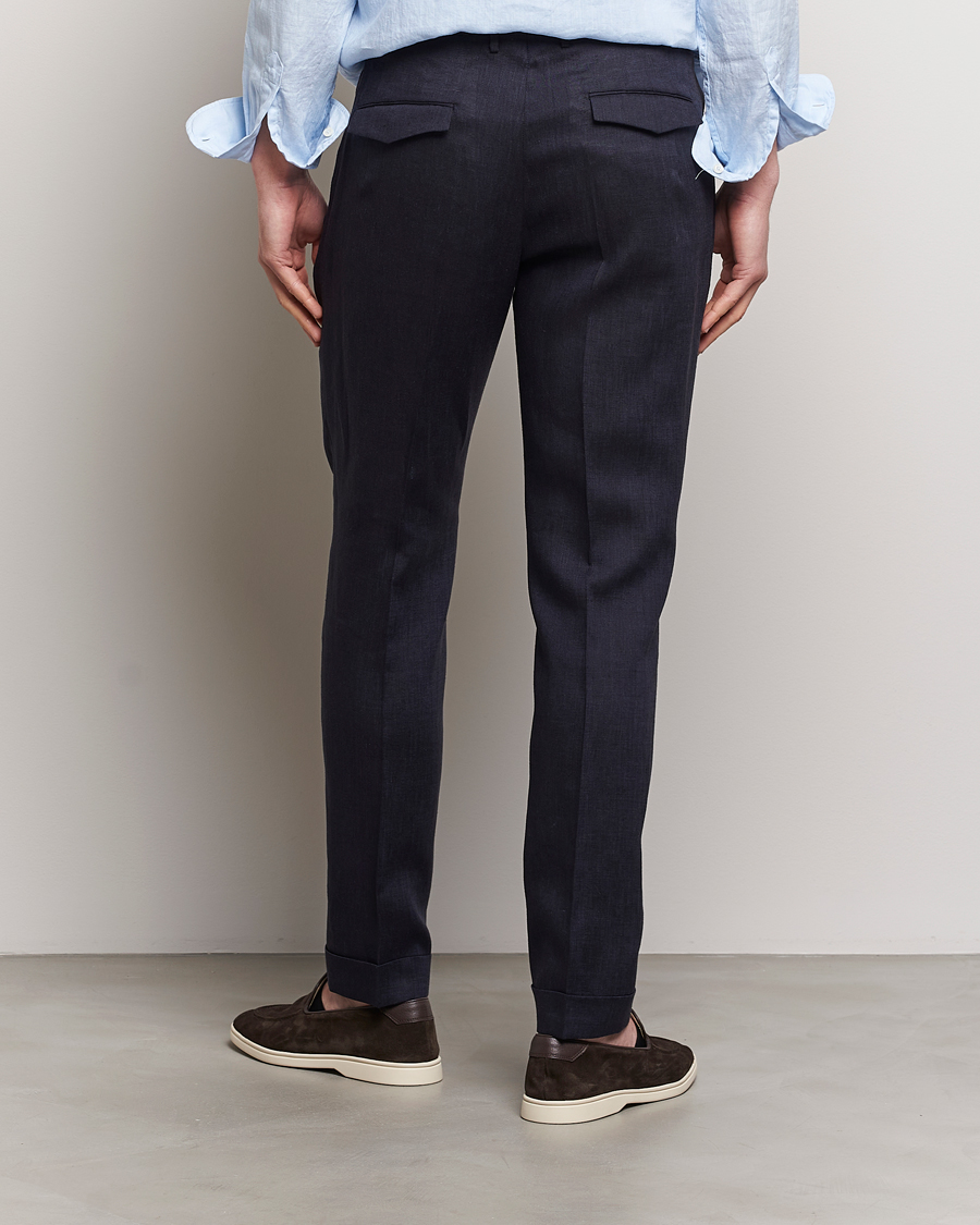 Heren | Broeken | PT01 | Slim Fit Pleated Linen Trousers Navy
