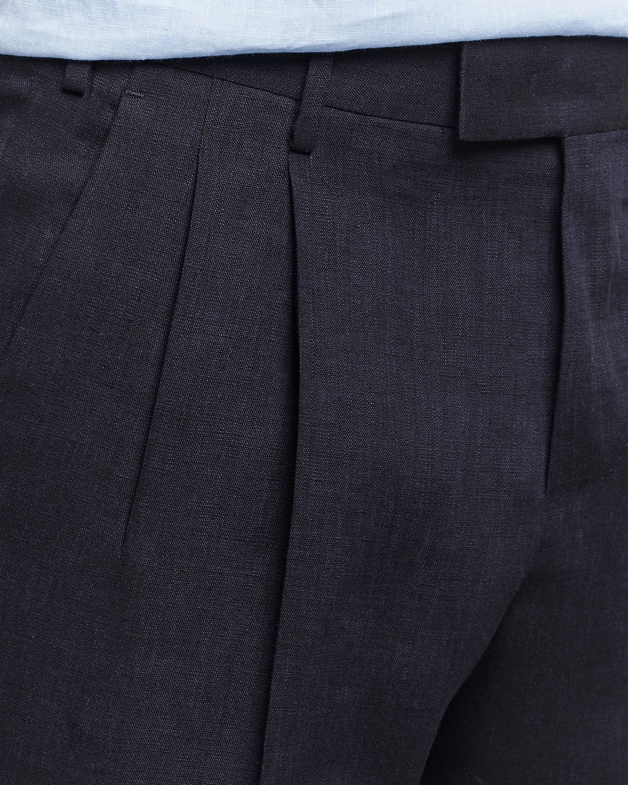 Heren | Broeken | PT01 | Slim Fit Pleated Linen Trousers Navy