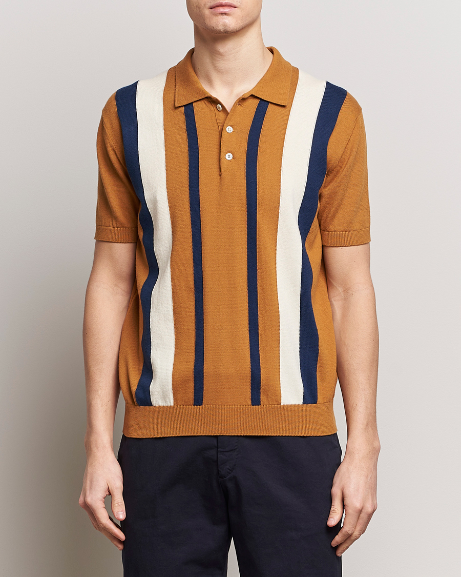 Heren | Best of British | Baracuta | Stripe Knitted Short Sleeve Polo Pumpkin Spice