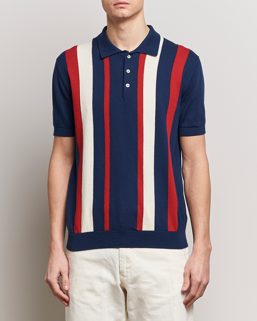 Heren | Best of British | Baracuta | Stripe Knitted Short Sleeve Polo Navy