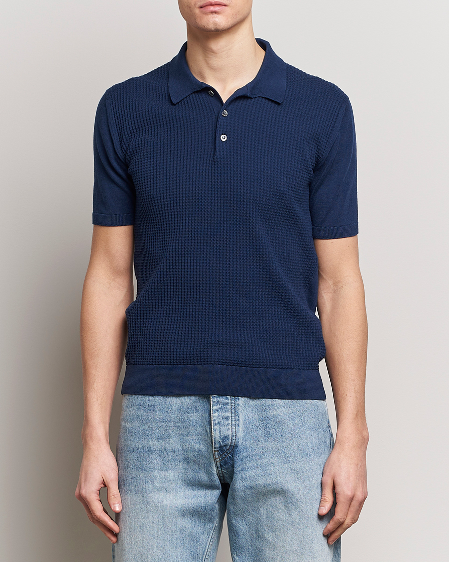 Heren | Best of British | Baracuta | Waffle Knitted Polo Navy