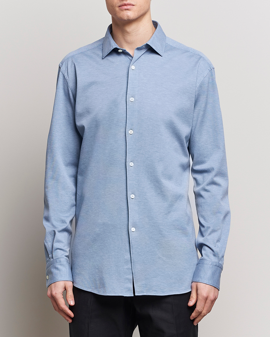 Heren | Quiet Luxury | Zegna | Slim Fit Jersey Piquet Shirt Light Blue