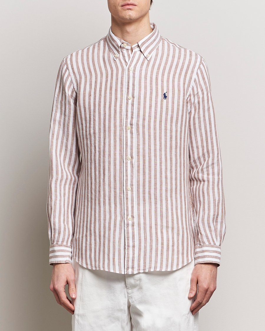 Heren | Linnen overhemden | Polo Ralph Lauren | Custom Fit Striped Linen Shirt Khaki/White