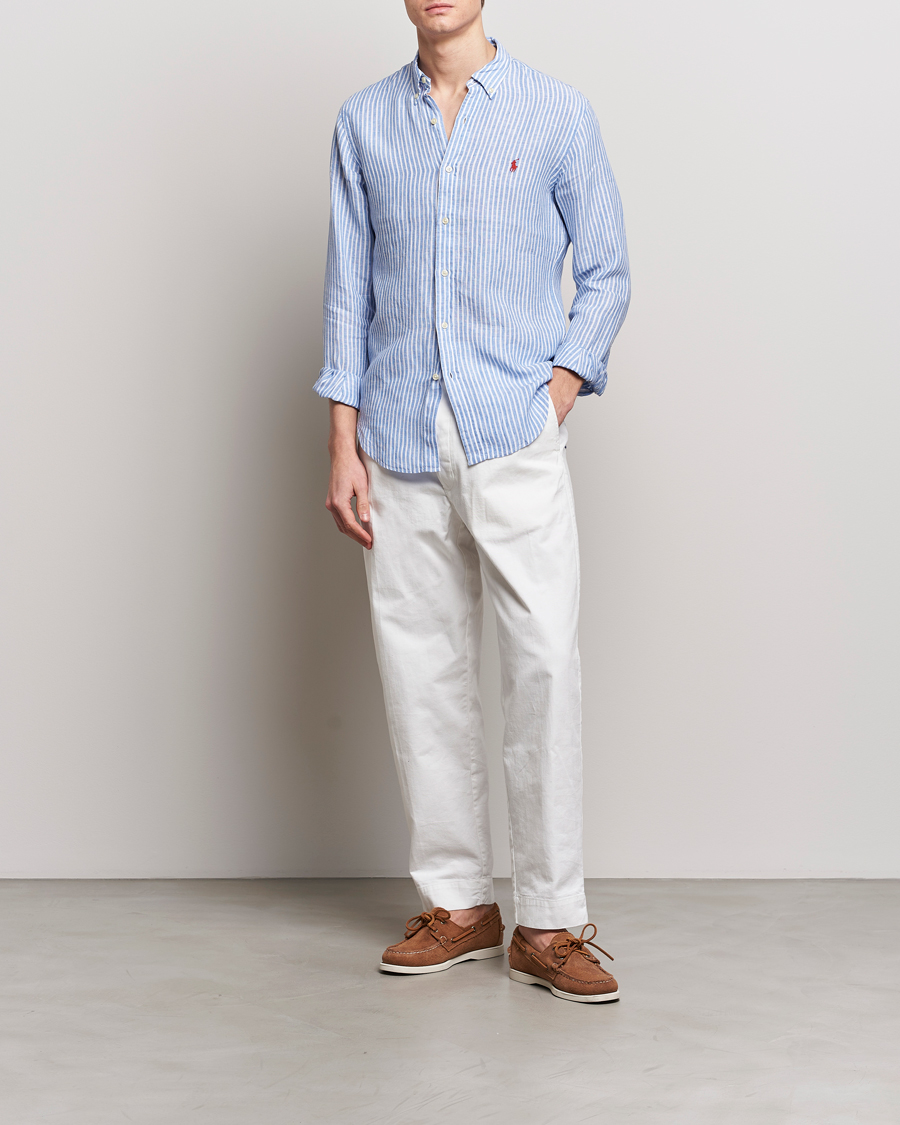 Heren | Overhemden | Polo Ralph Lauren | Slim Fit Striped Button Down Linen Shirt Blue/White