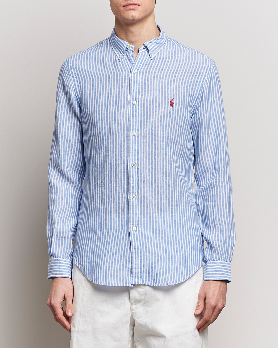 Heren |  | Polo Ralph Lauren | Slim Fit Striped Button Down Linen Shirt Blue/White