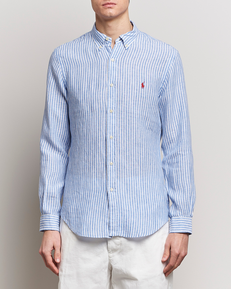Heren | Overhemden | Polo Ralph Lauren | Slim Fit Striped Button Down Linen Shirt Blue/White