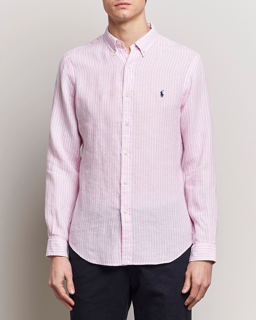 Heren |  | Polo Ralph Lauren | Slim Fit Striped Button Down Linen Shirt Pink/White