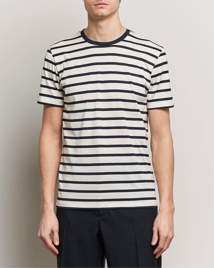 Heren |  | Sunspel | Striped Crew Neck Cotton Tee Ecru/Navy