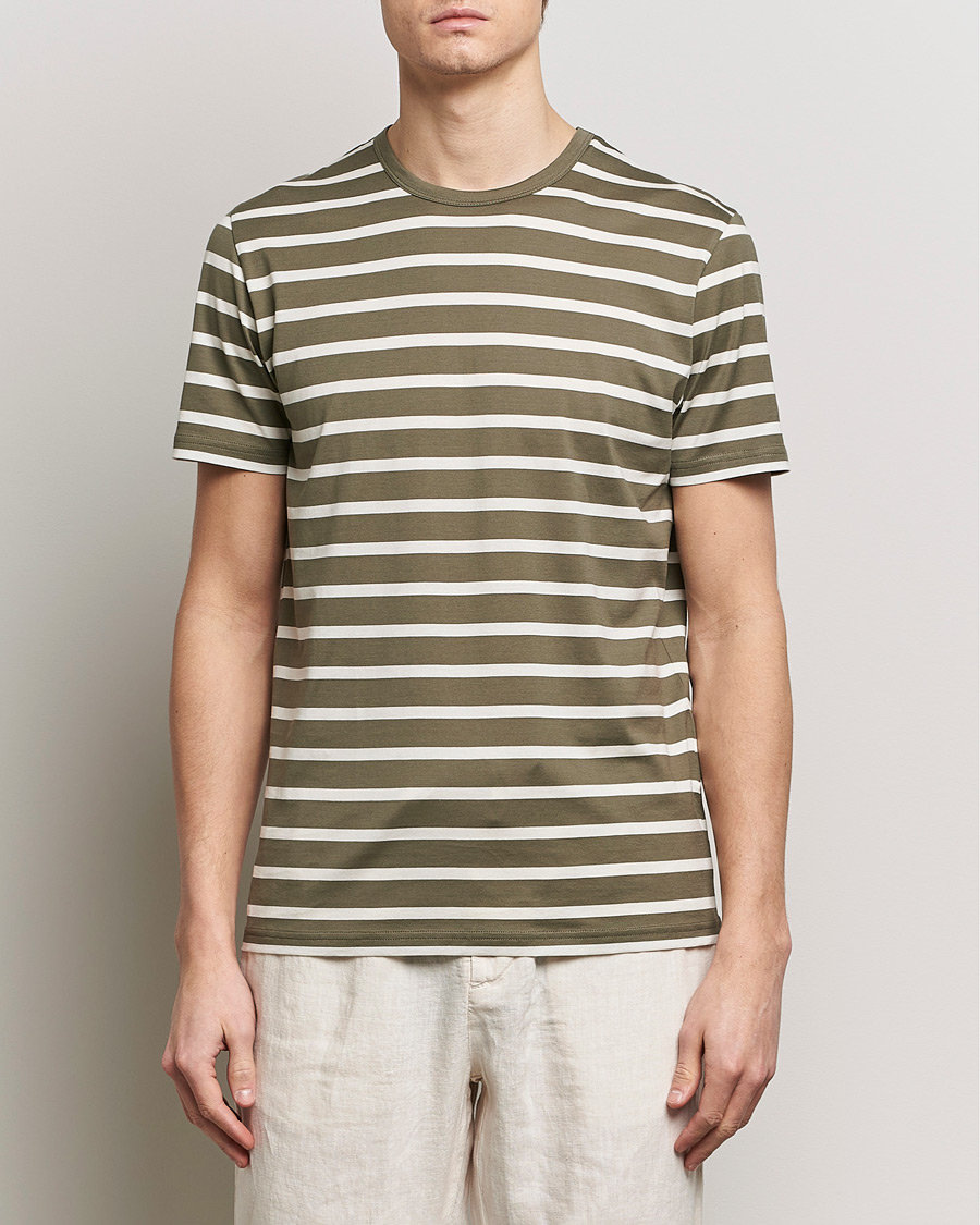 Heren | T-shirts met korte mouwen | Sunspel | Striped Crew Neck Cotton Tee Khaki
