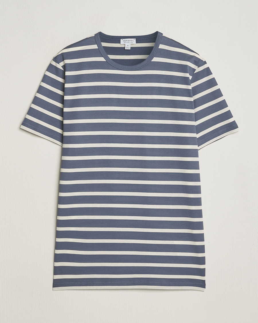 Heren | T-shirts | Sunspel | Striped Crew Neck Cotton Tee Slate Blue