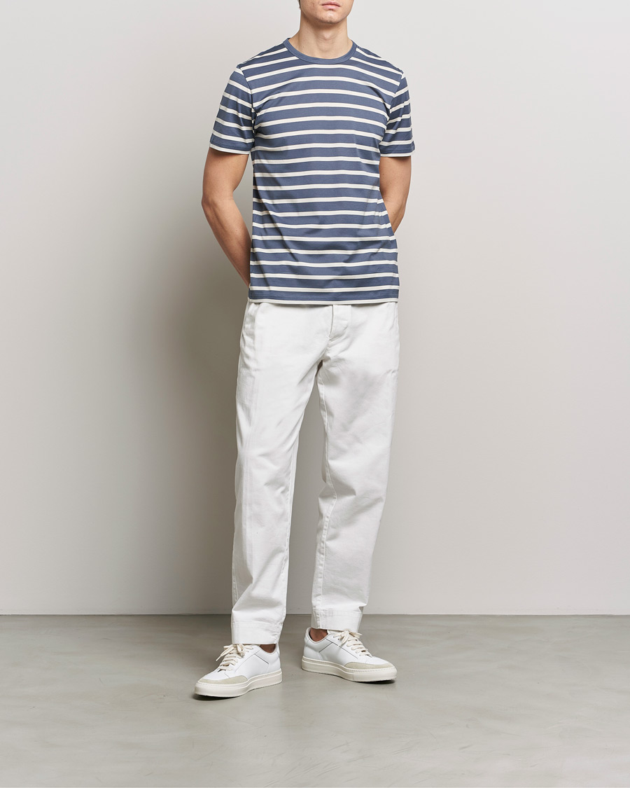 Heren | T-shirts | Sunspel | Striped Crew Neck Cotton Tee Slate Blue
