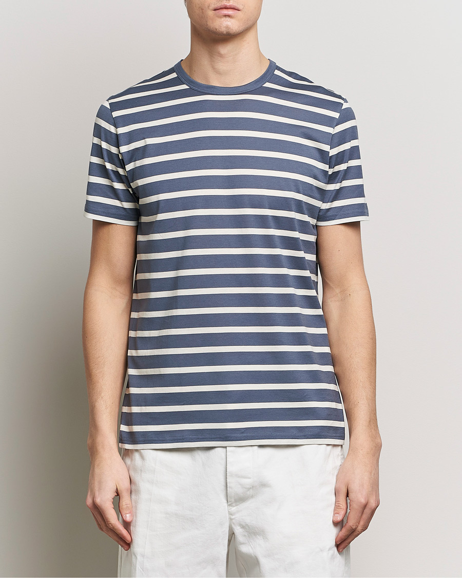 Heren |  | Sunspel | Striped Crew Neck Cotton Tee Slate Blue