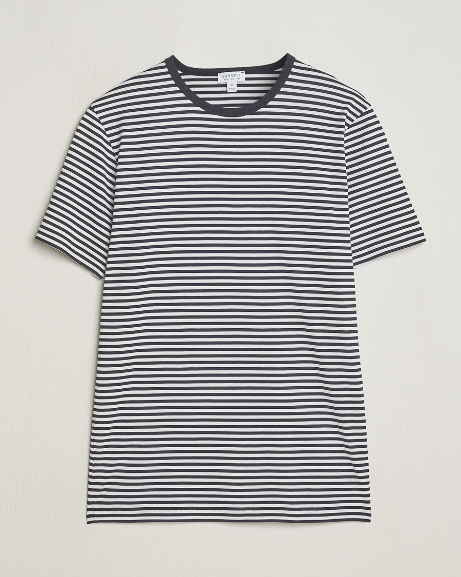 Heren | T-shirts | Sunspel | Striped Crew Neck Q82 Cotton T-Shirt White/Navy