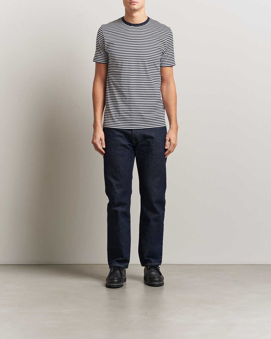 Heren | T-shirts | Sunspel | Striped Crew Neck Q82 Cotton T-Shirt White/Navy