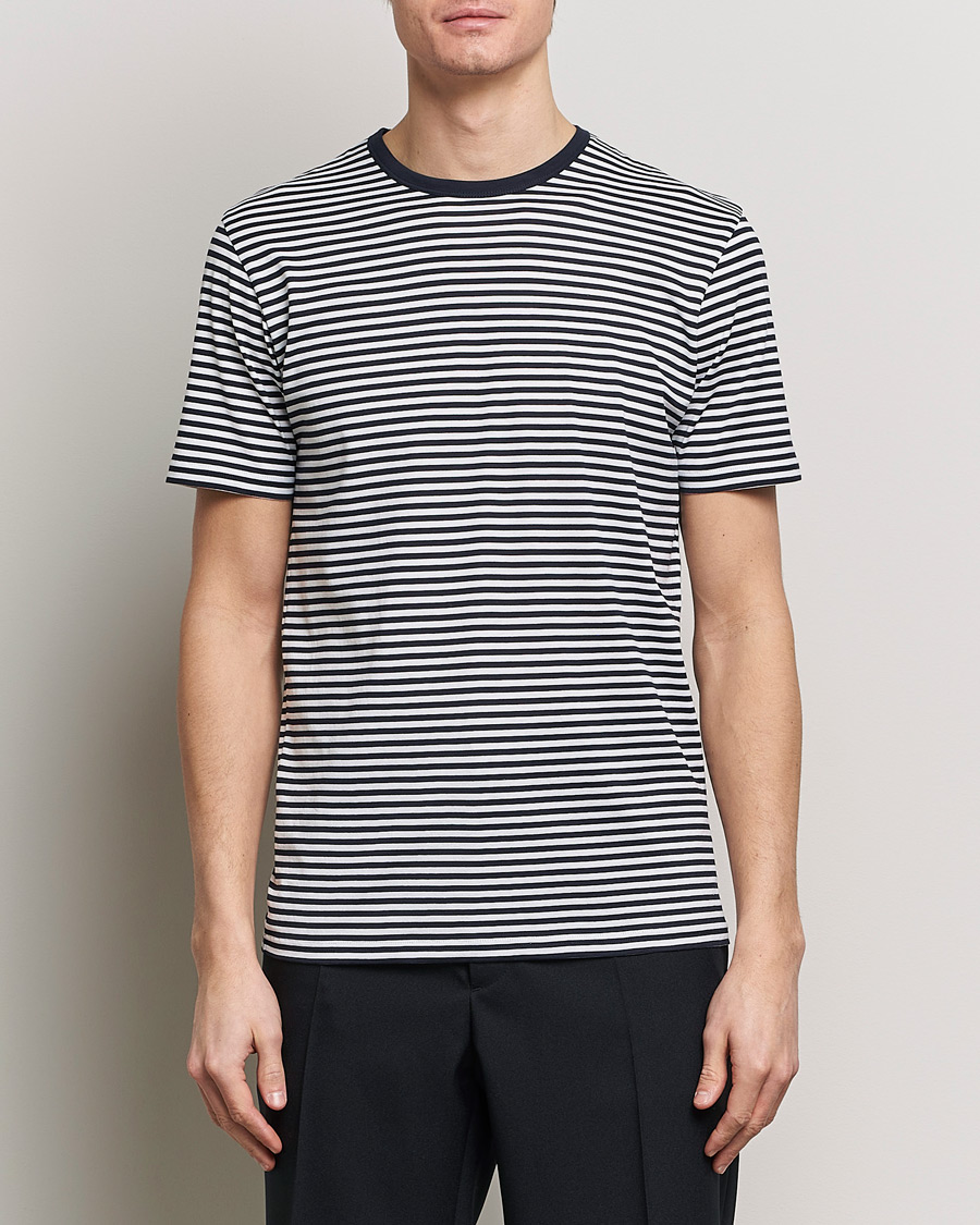 Heren | T-shirts | Sunspel | Striped Crew Neck Cotton Tee White/Navy