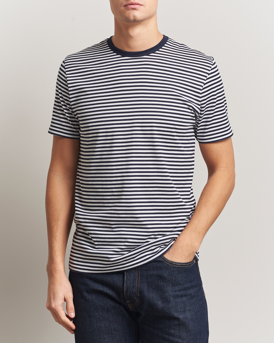 Heren | T-shirts | Sunspel | Striped Crew Neck Q82 Cotton T-Shirt White/Navy