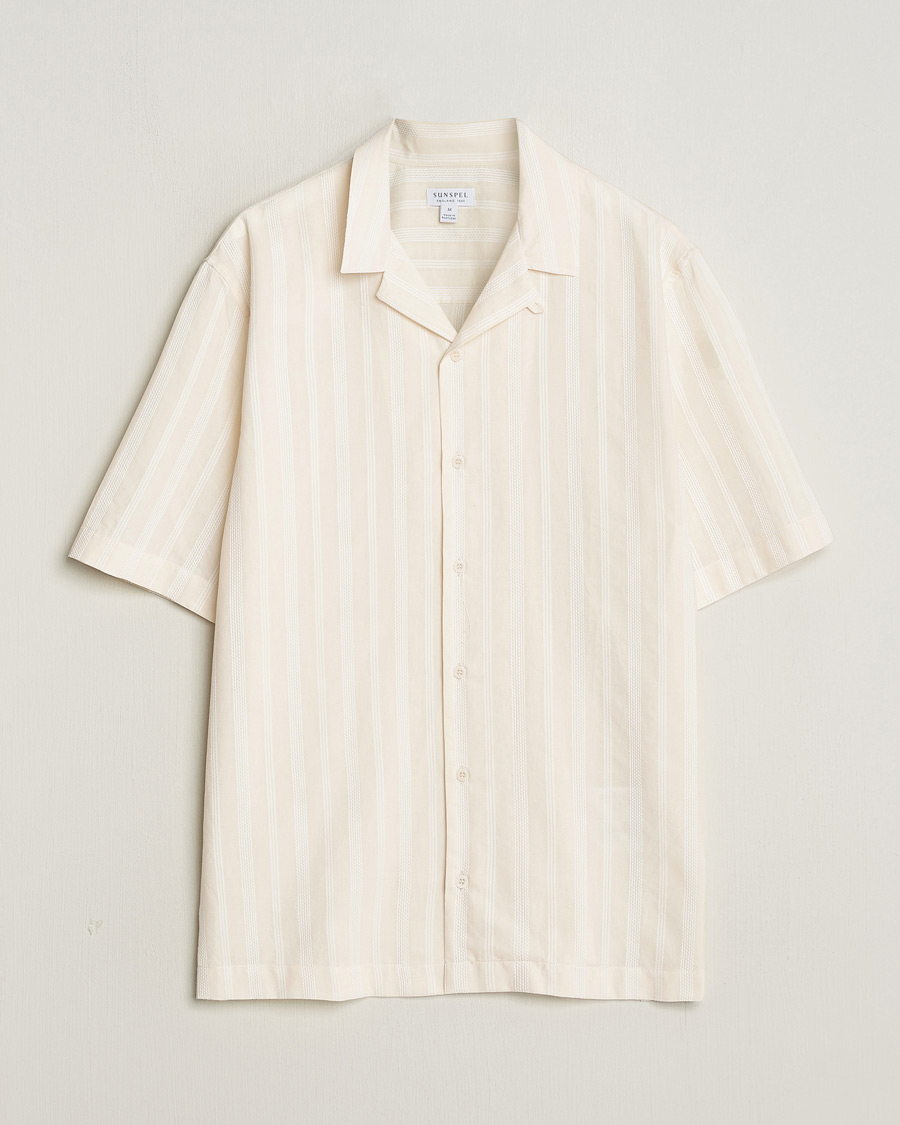 Heren | Overhemden | Sunspel | Embroidered Striped Short Sleeve Shirt Ecru
