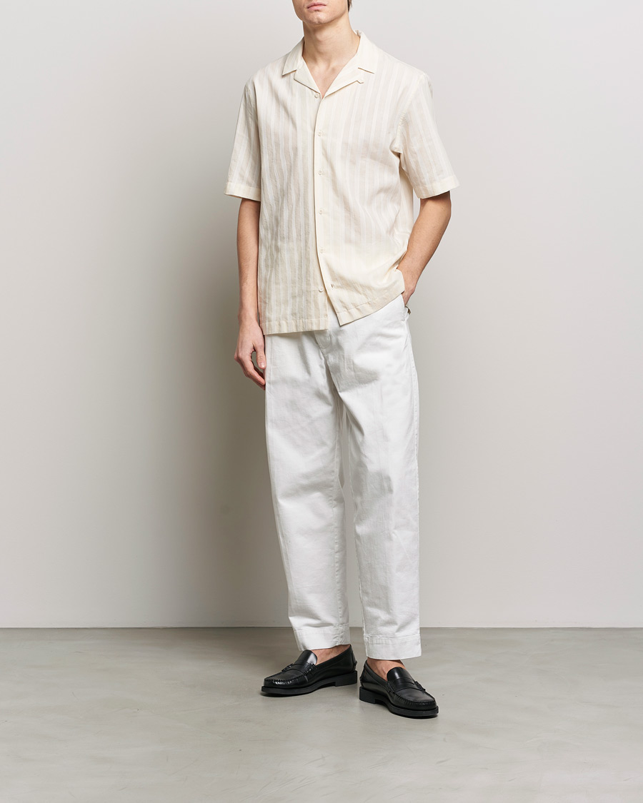 Heren | Overhemden | Sunspel | Embroidered Striped Short Sleeve Shirt Ecru