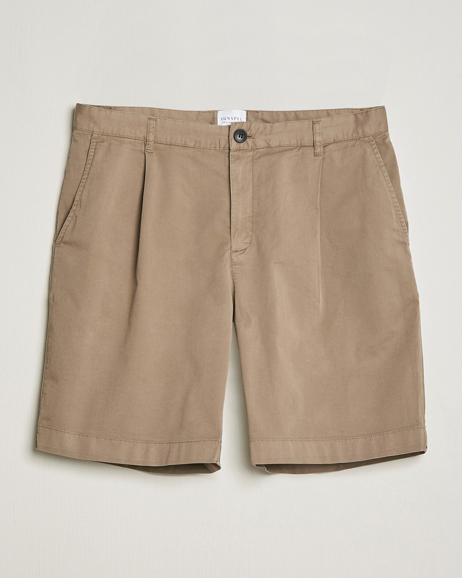 Heren | Korte broek | Sunspel | Pleated Stretch Cotton Twill Shorts Dark Stone